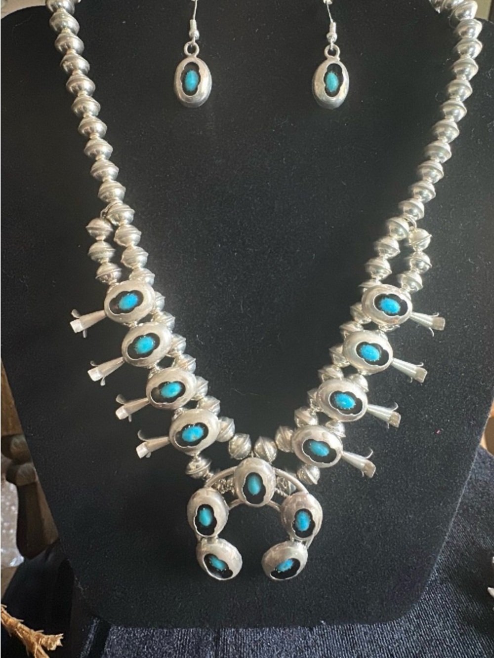 Sterling Silver Squash Blossom Necklace and Earring Set with Turquoise Accents